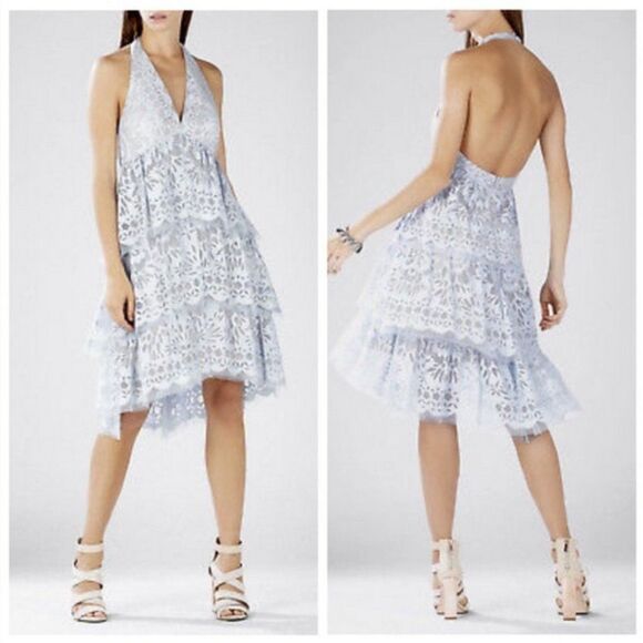 BCBGMAXAZRIA Jessika Tiered lace dress In Light Blue with tonal underlay - Picture 1 of 13